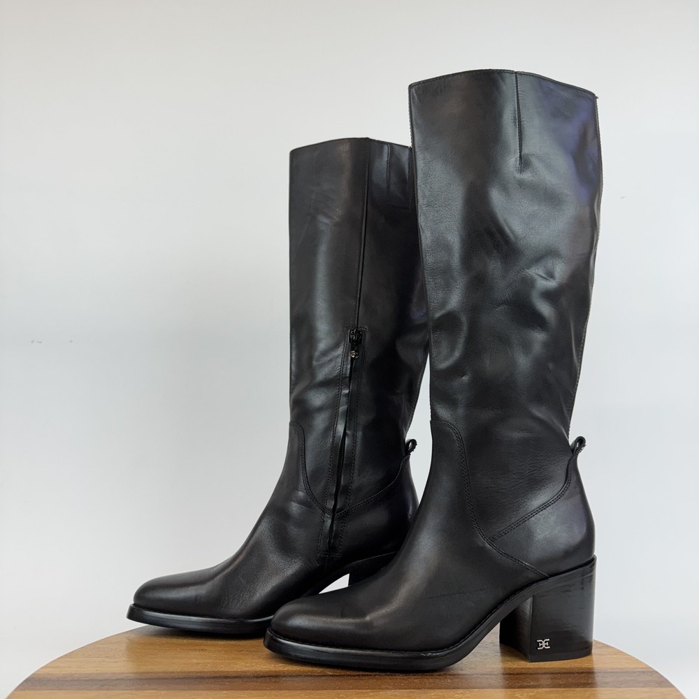 Womens Sam Edelman Soyer Black Leather Heeled Knee High Riding Boots Size 8 M - Picture 2 of 8